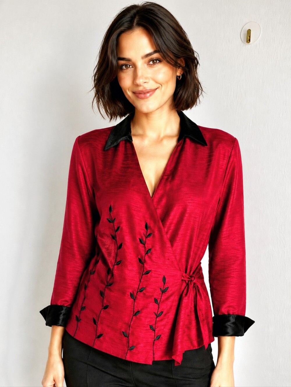 Street Fashion Red Satin Wrap Top with Black Velvet Trim & Floral Leaves, Sz Med